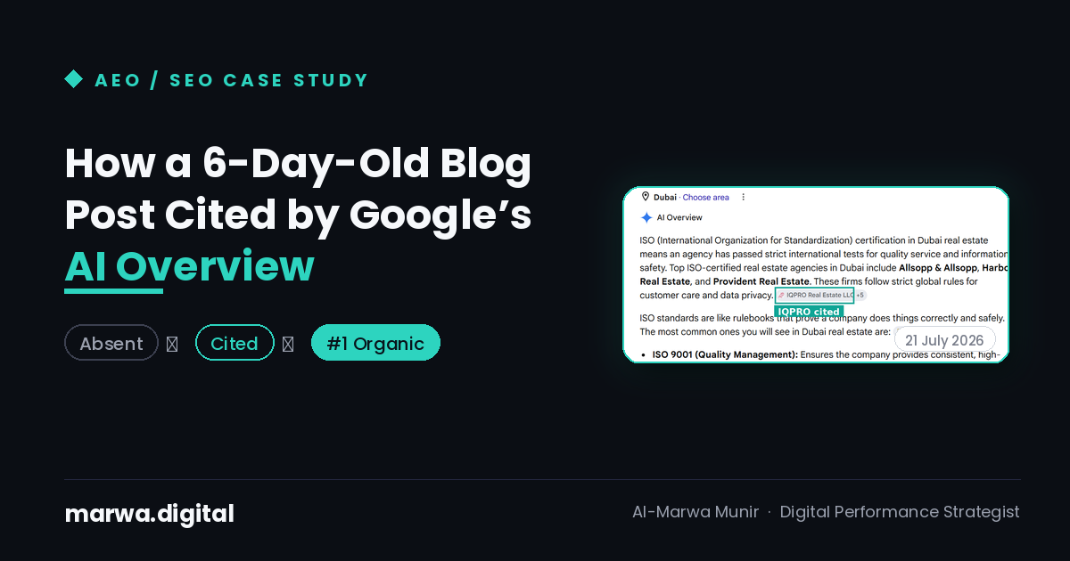 AEO and SEO case study title card with a live Google result showing IQPRO cited in the AI Overview for ISO certified real estate in Dubai, from marwa.digital by Al-Marwa Munir